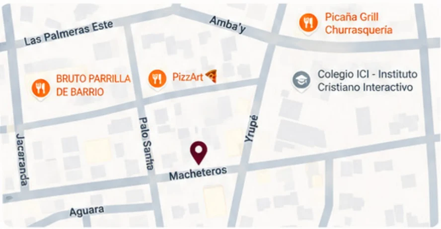 Mapa del local de Tres Puntos Vinos en Macheteros, entre Palo Santo e Yrupé, Ciudad del Este